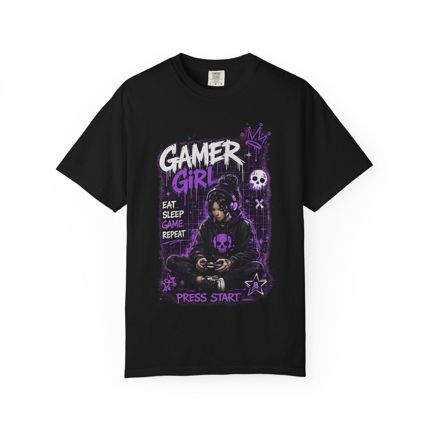 Gamer Girl T-Shirt — Retro Purple Gaming Graphic Tee ("Eat Sleep Game Repeat")