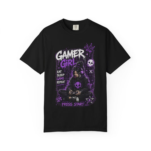 Gamer Girl T-Shirt — Retro Purple Gaming Graphic Tee ("Eat Sleep Game Repeat")