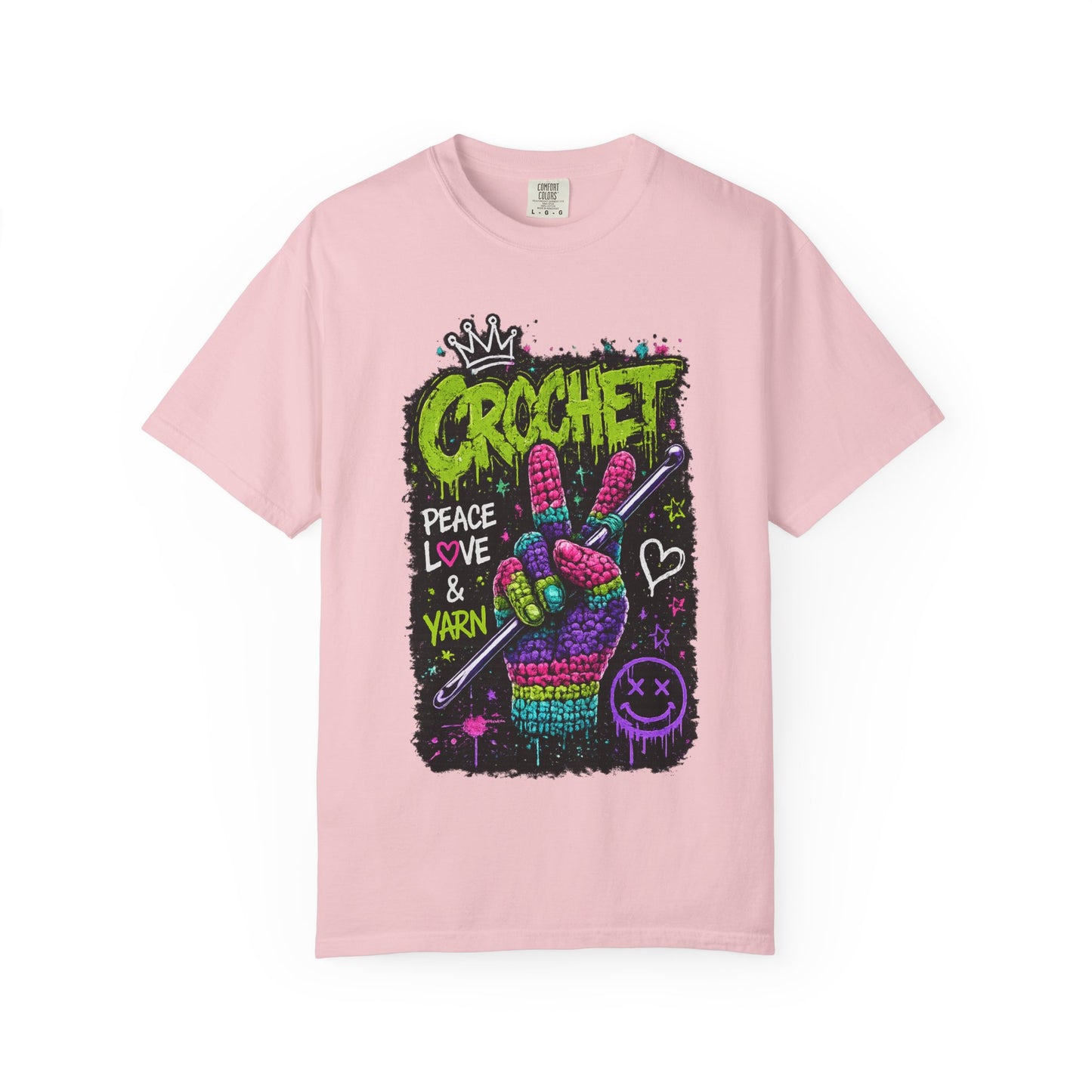 Crochet Peace Sign T-Shirt — "Crochet: Peace, Love & Yarn" Graphic Tee