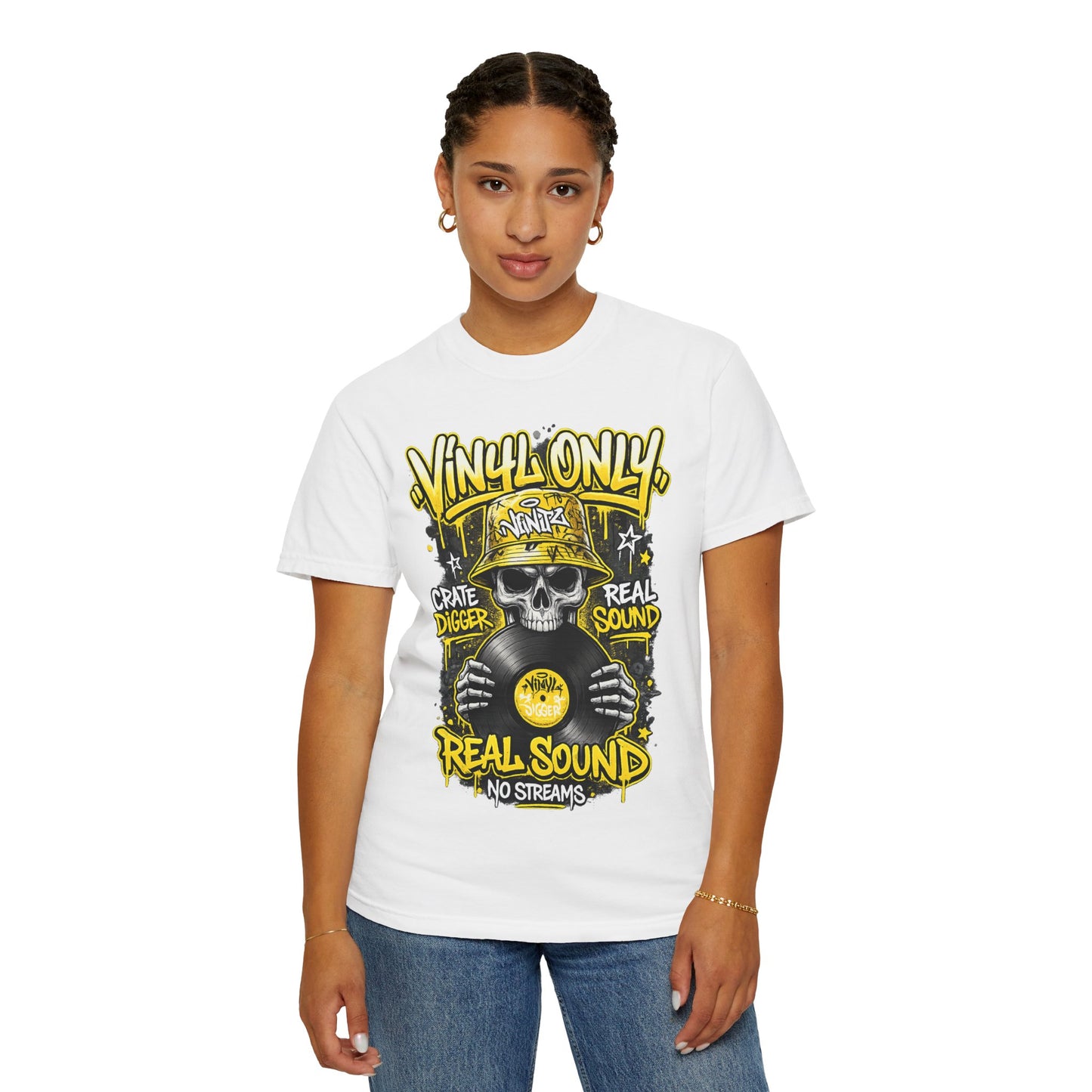 Vinyl Only Skull T-Shirt – "Real Sound, No Streams" Retro DJ Tee