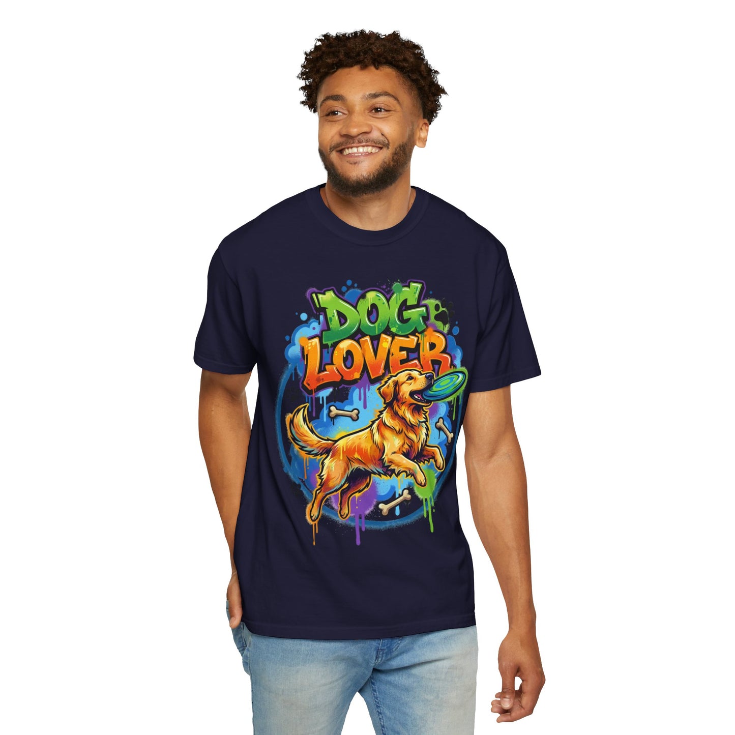 Dog Lover T-Shirt — Colorful Golden Retriever Frisbee Graphic Tee