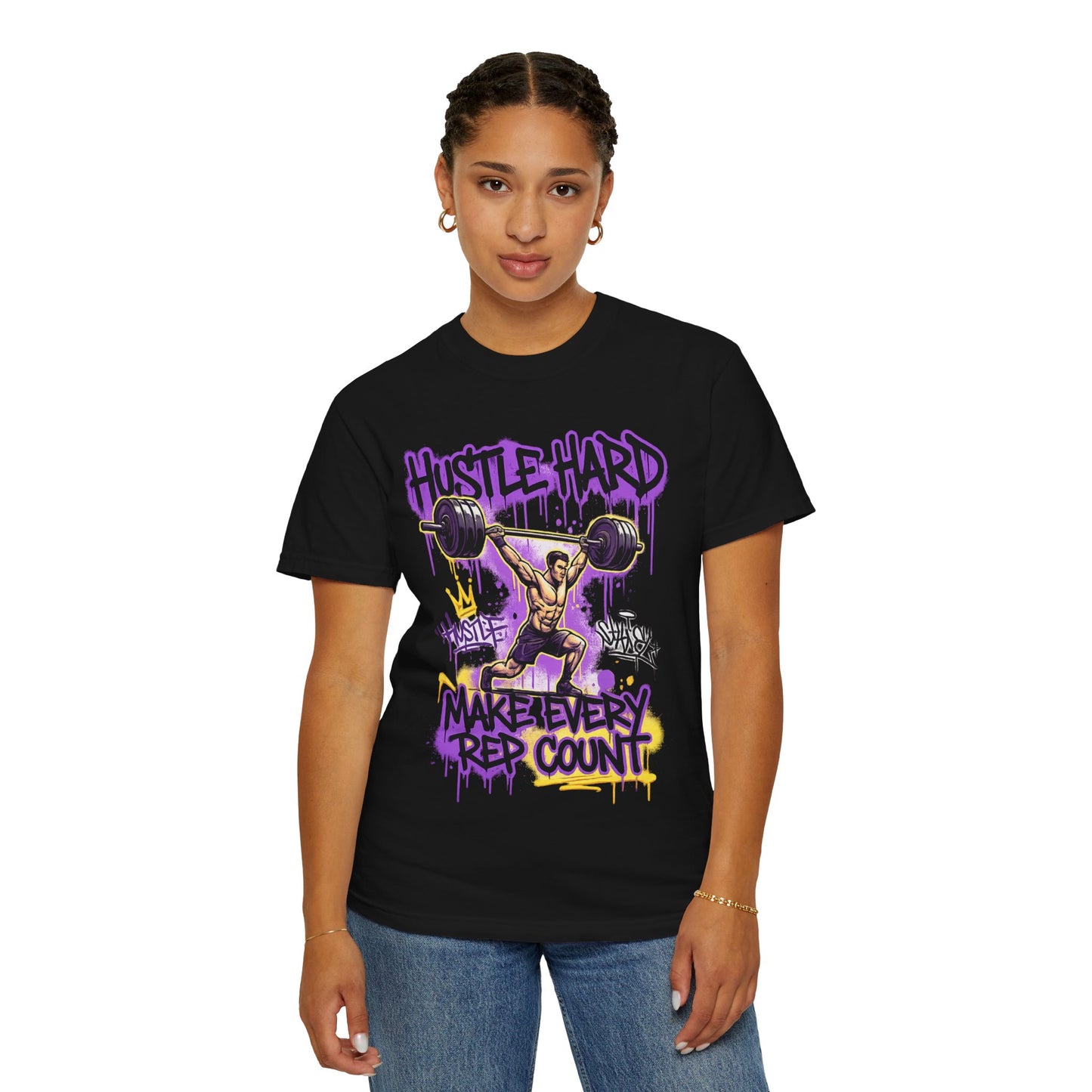 Hustle Hard Make Every Rep Count T-Shirt | Weightlifting Gym Graphic