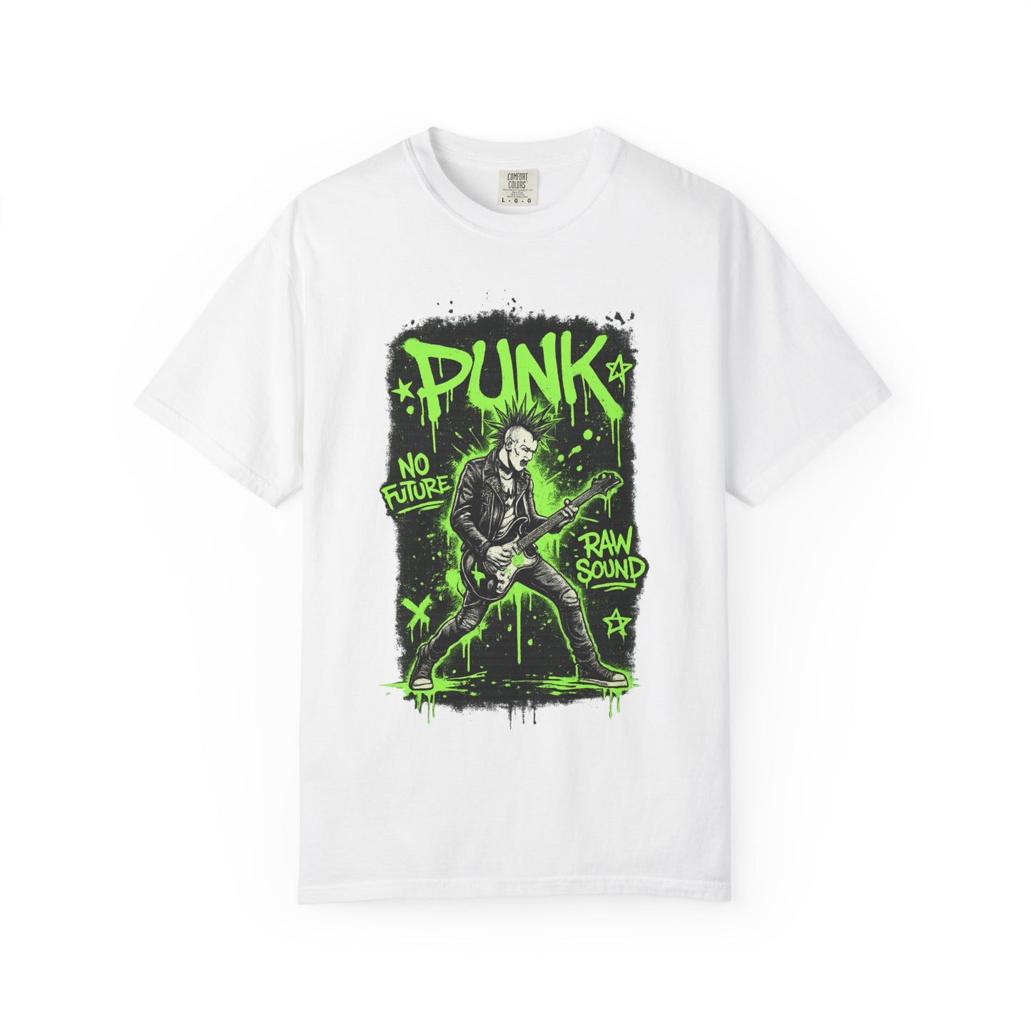 Punk Guitarist Graphic T-Shirt — “PUNK: No Future, Raw Sound” Neon Green Band Tee