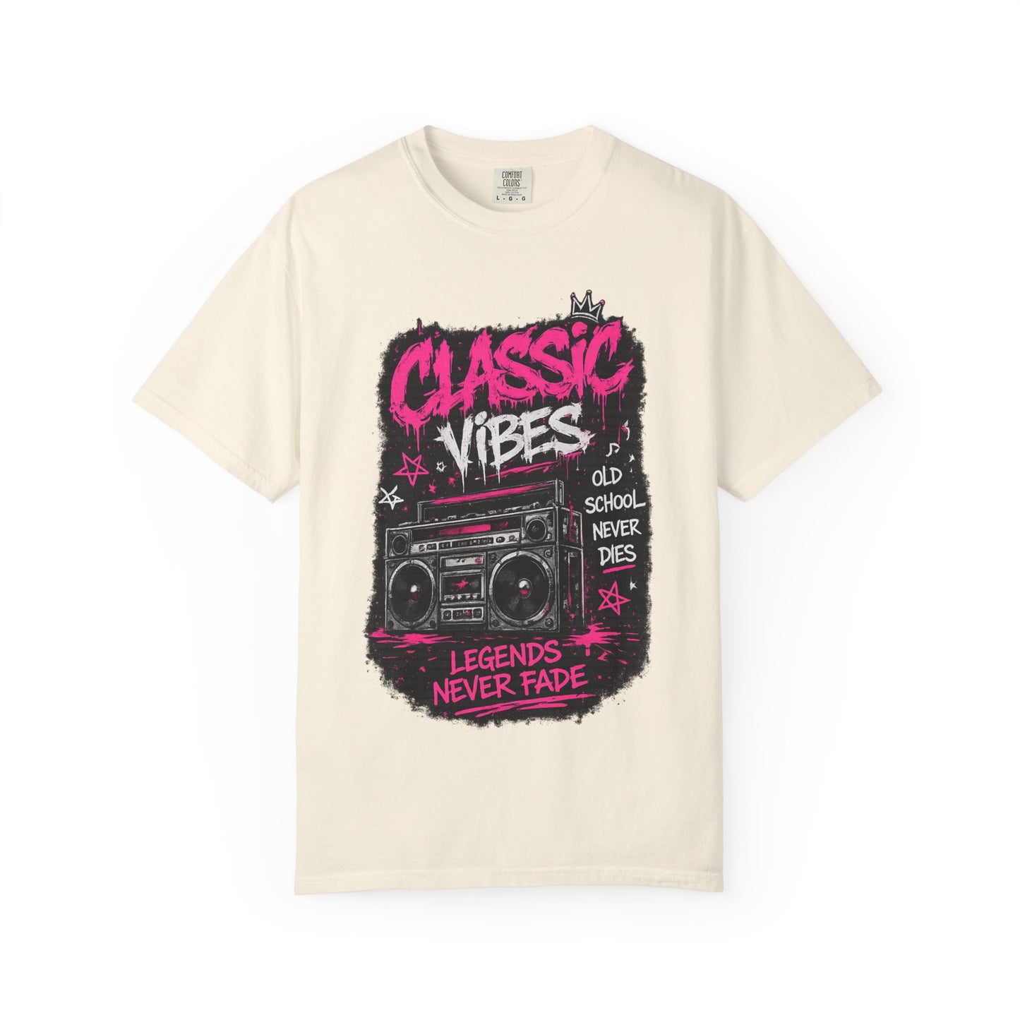 Classic Vibes T-Shirt — 'Legends Never Fade' Retro Boombox Graphic