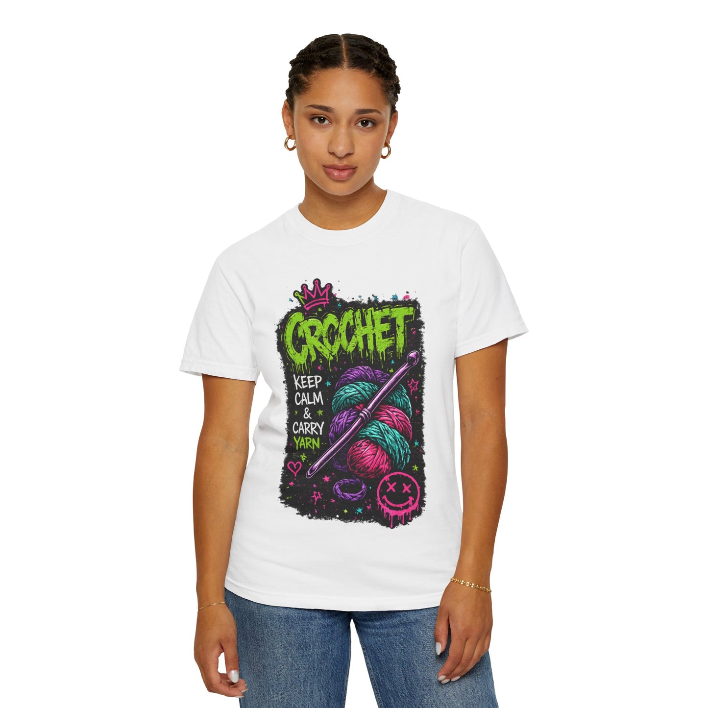 Crochet Keep Calm T-Shirt — Neon Yarn Graphic Tee for Crafters