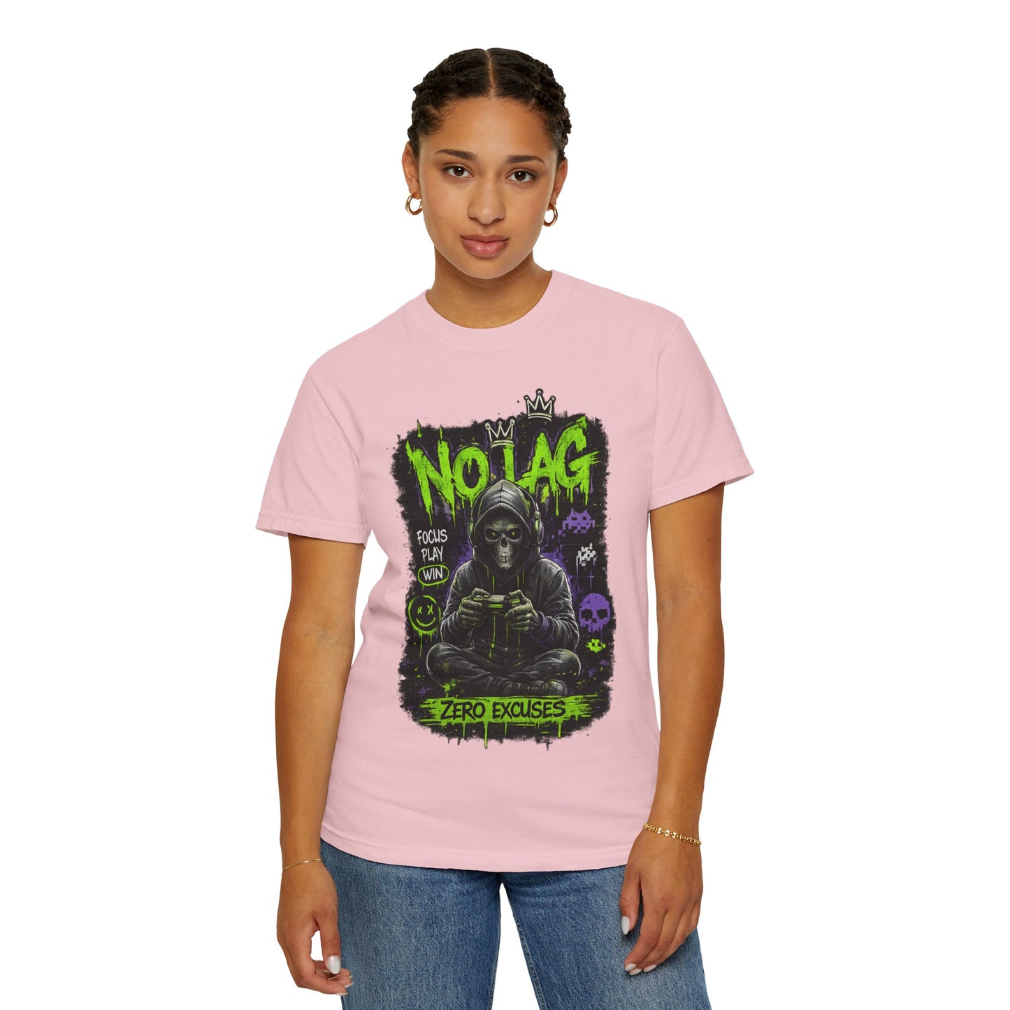No Lag Gamer T-Shirt — “Zero Excuses” Neon Skull Gaming Tee