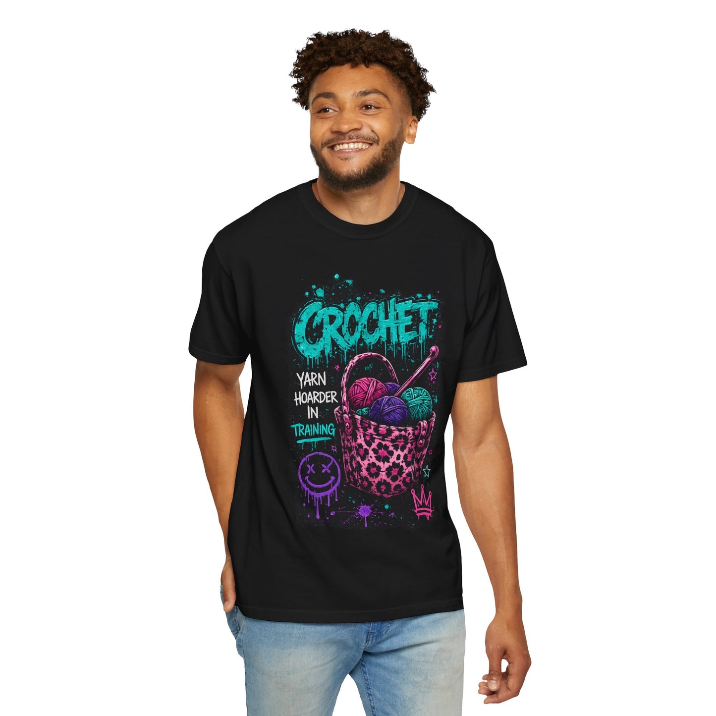 Crochet Crewneck T‑Shirt — "Yarn Harder in Training" Graphic