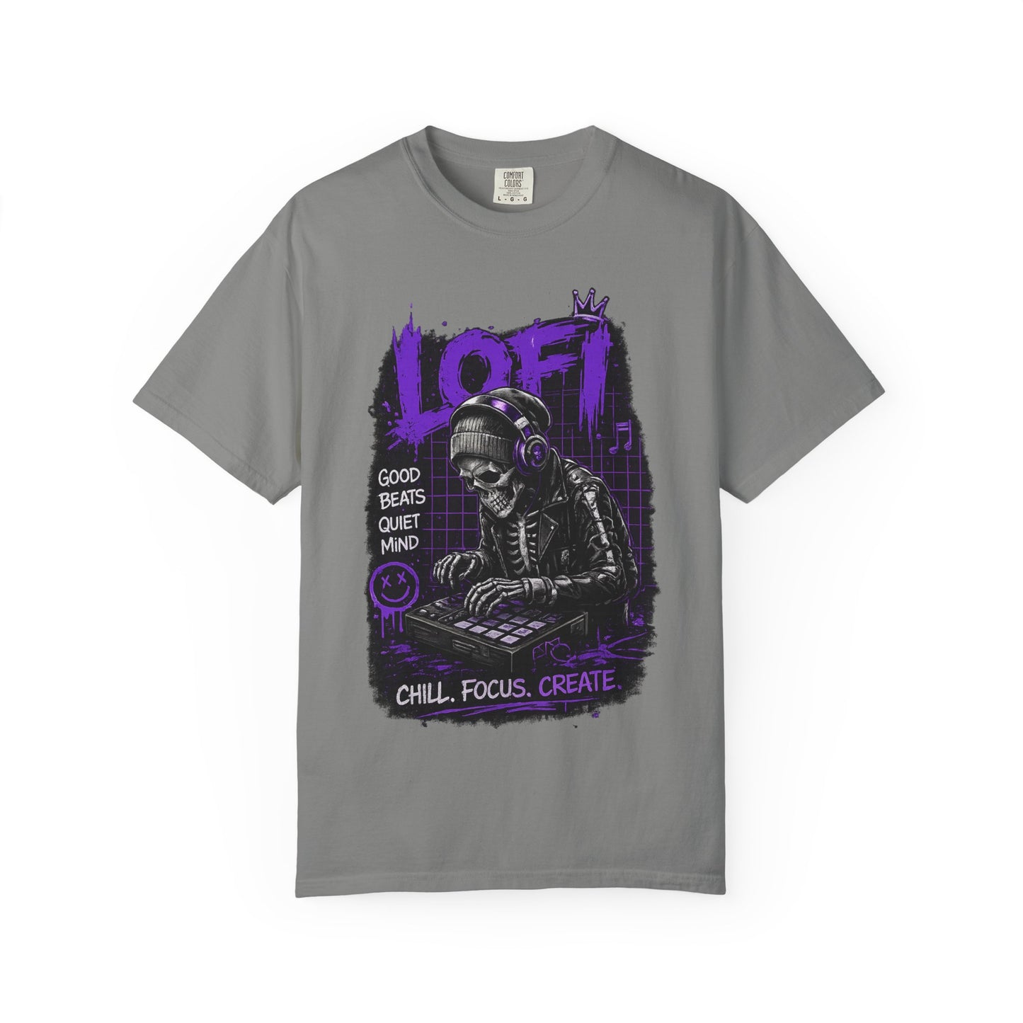 LoFi Skull DJ T-Shirt — "Chill. Focus. Create." Music Graphic Tee for Creators