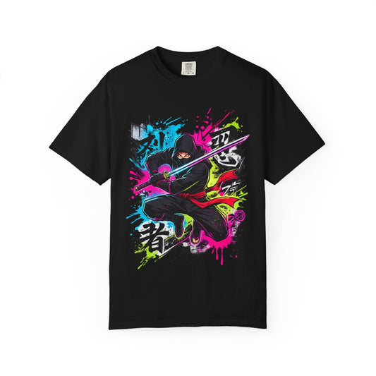 Neon Ninja Samurai T-Shirt — Vibrant Graffiti Sword Art