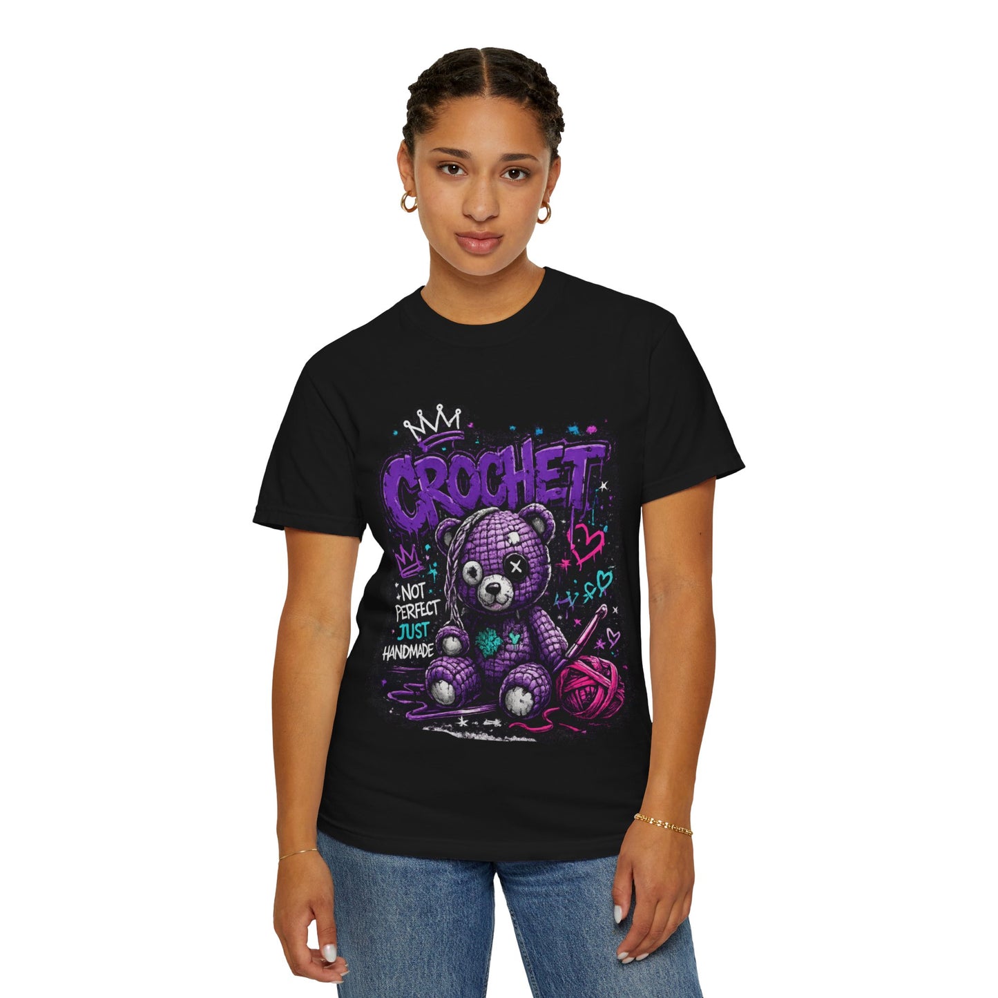 Crochet Teddy T-Shirt — "Not Perfect Just Handmade" Graphic Tee