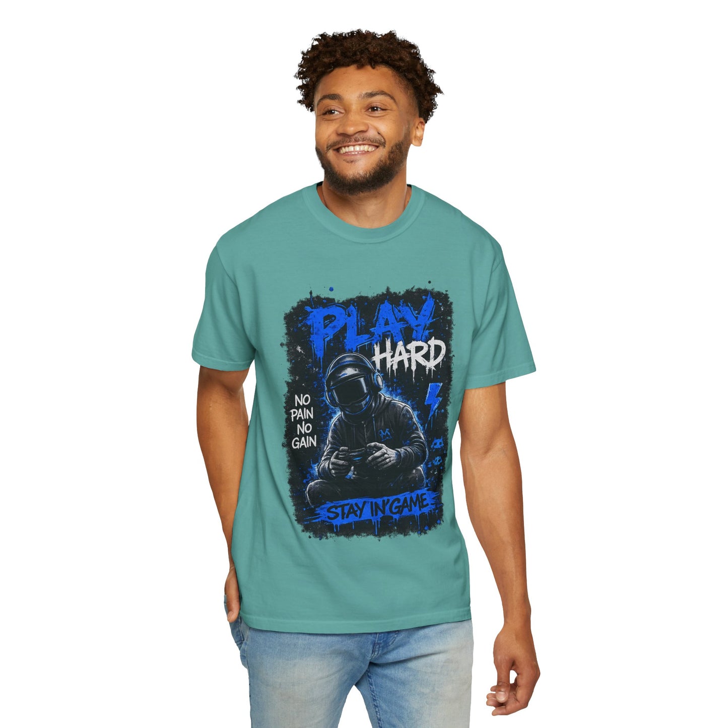 Play Hard Gamer Graphic T-Shirt — "No Pain No Gain" Hooded Player Design
