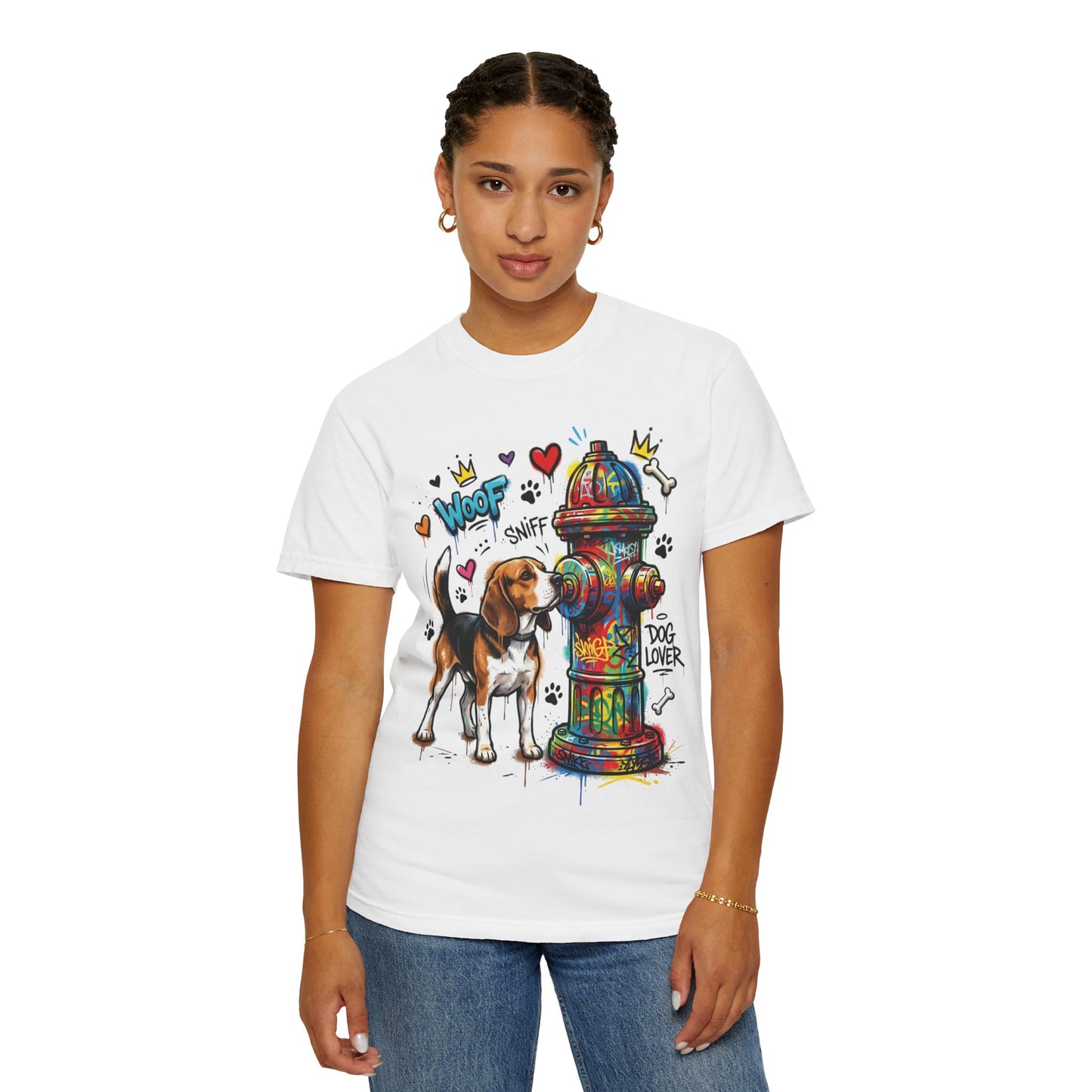 Beagle Dog Lover T-Shirt — Colorful Hydrant & 'Woof Sniff' Graphic