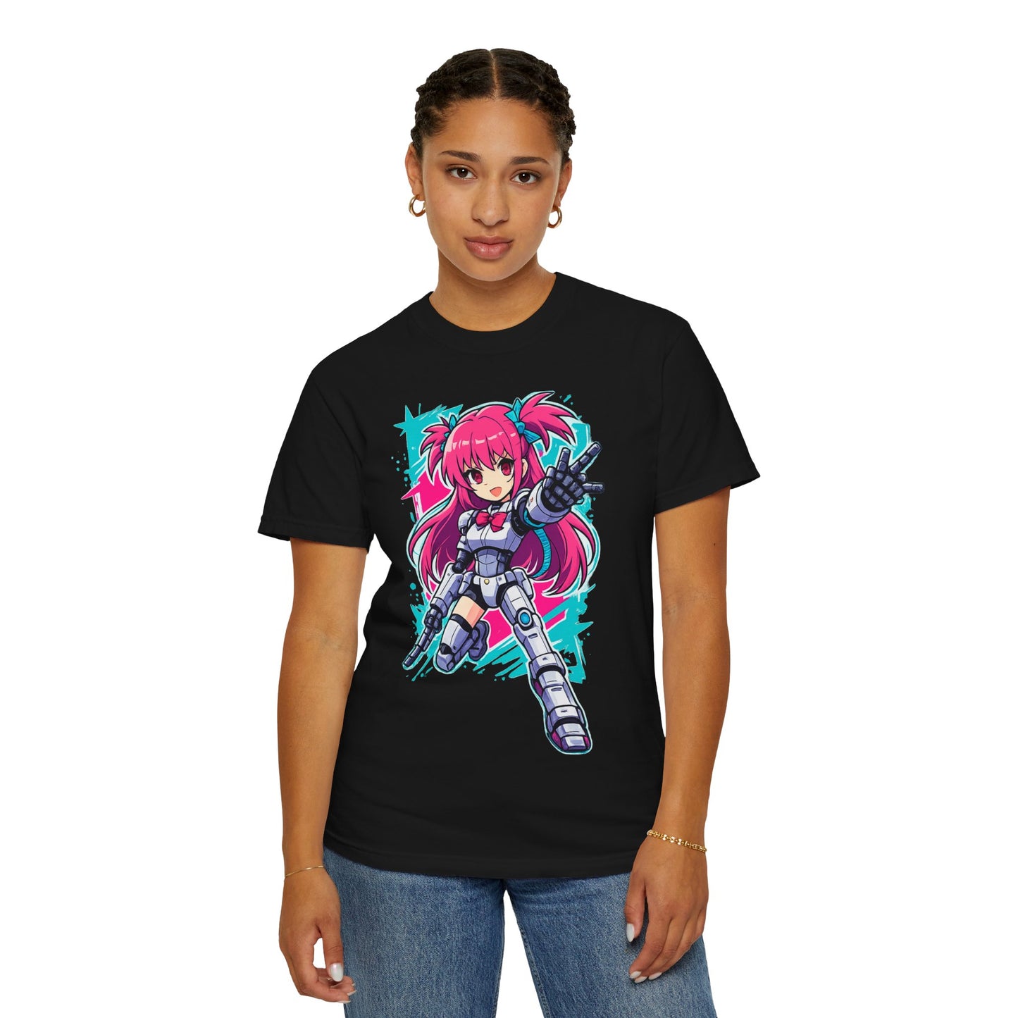Anime Mecha Girl T-Shirt — Pink Cyberpunk Warrior Tee