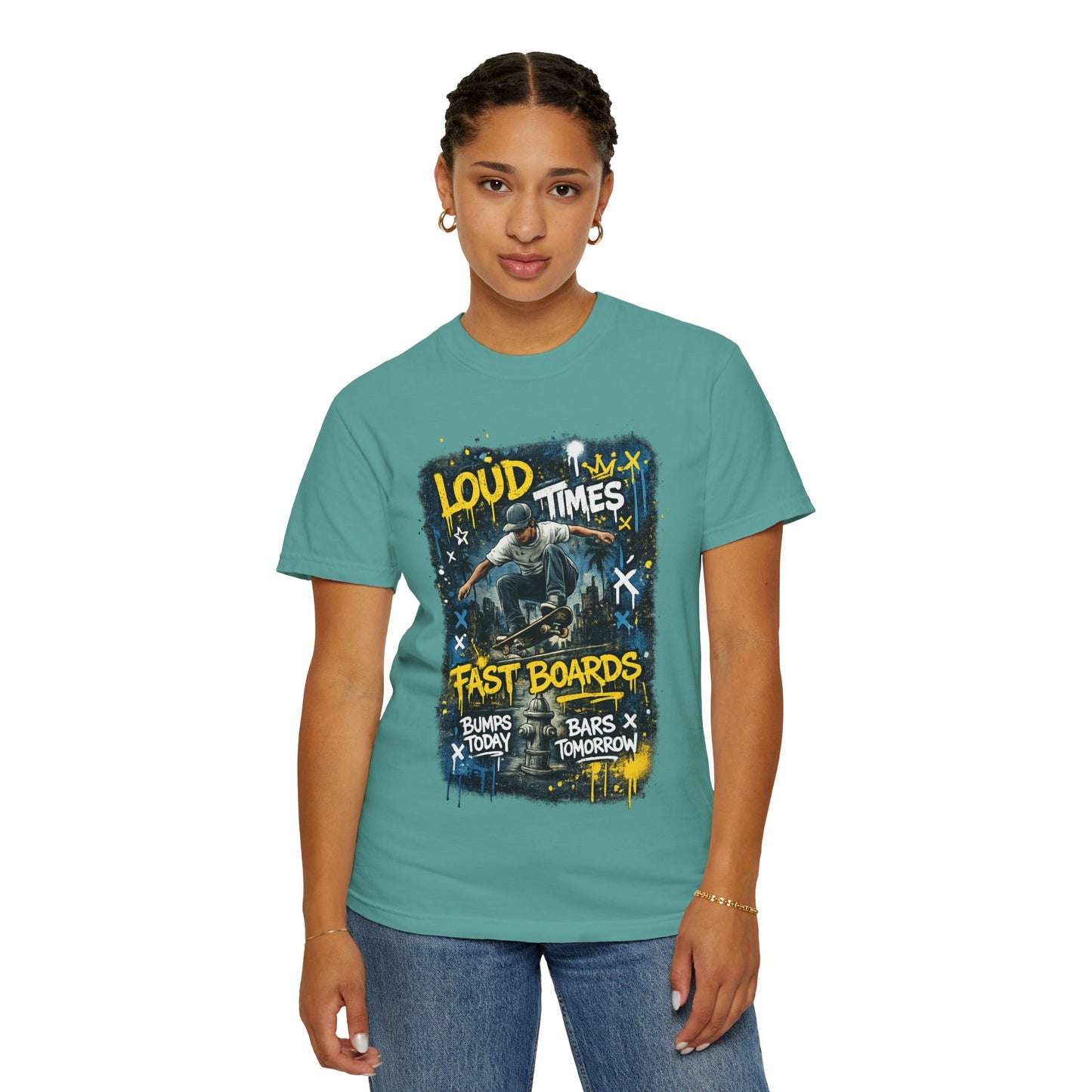 Skateboard Graphic T-Shirt — "Loud Times, Fast Boards" Vintage Skate Tee