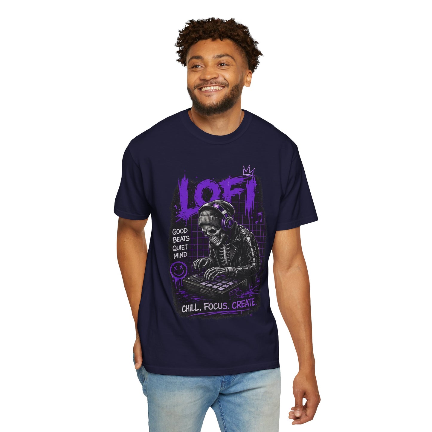 LoFi Skull DJ T-Shirt — "Chill. Focus. Create." Music Graphic Tee for Creators