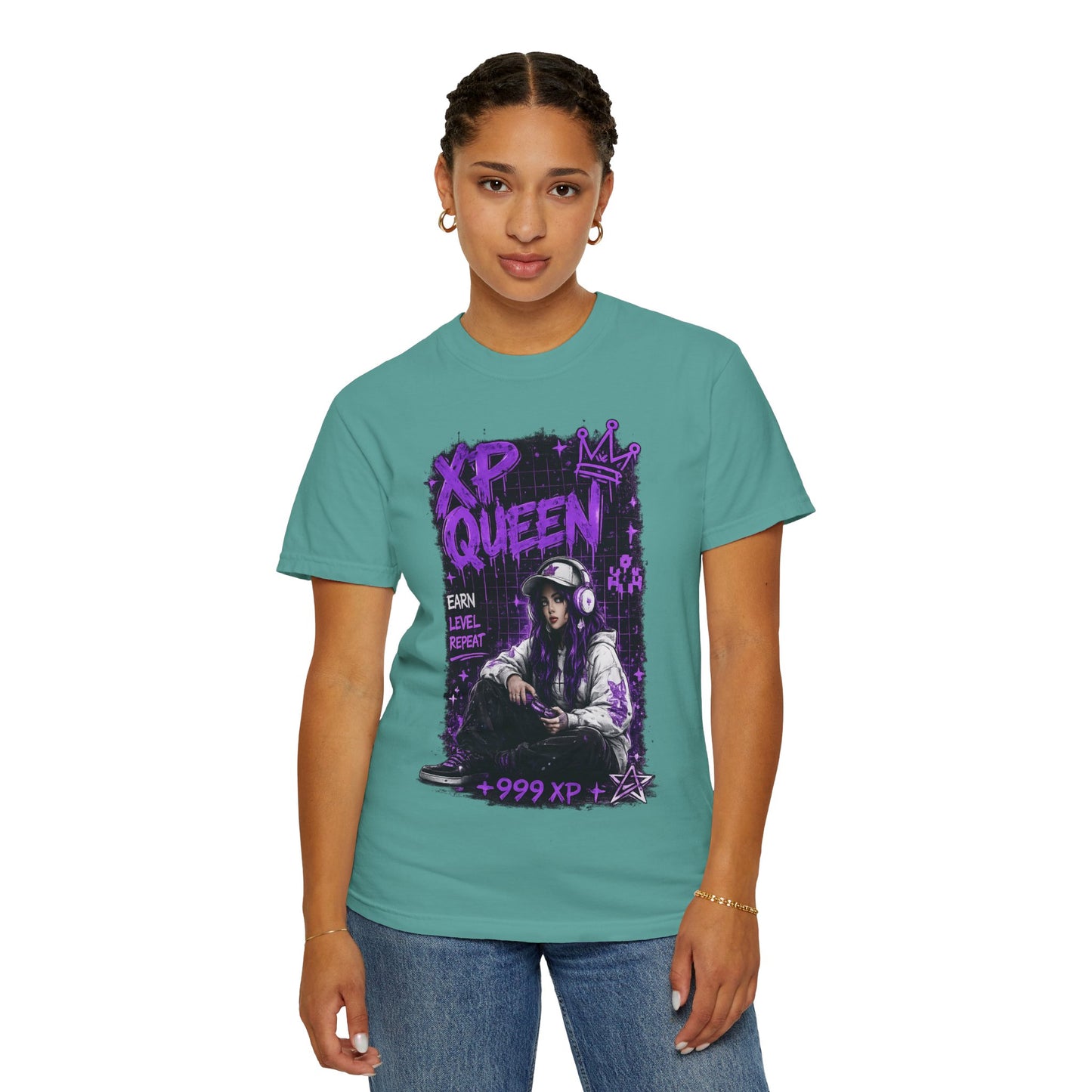 XP Queen T‑Shirt — Gamer Girl Graphic Tee (Earn Level Repeat +999 XP)