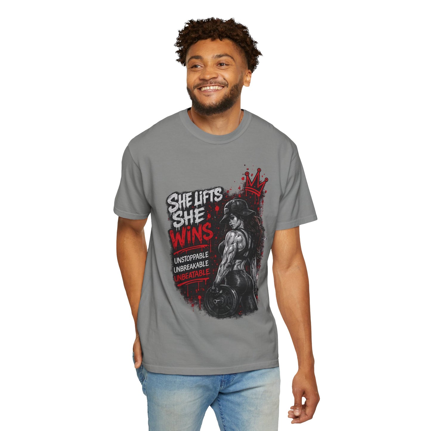 She Lifts She Wins T-Shirt — Women’s Strength Fitness Graphic Tee