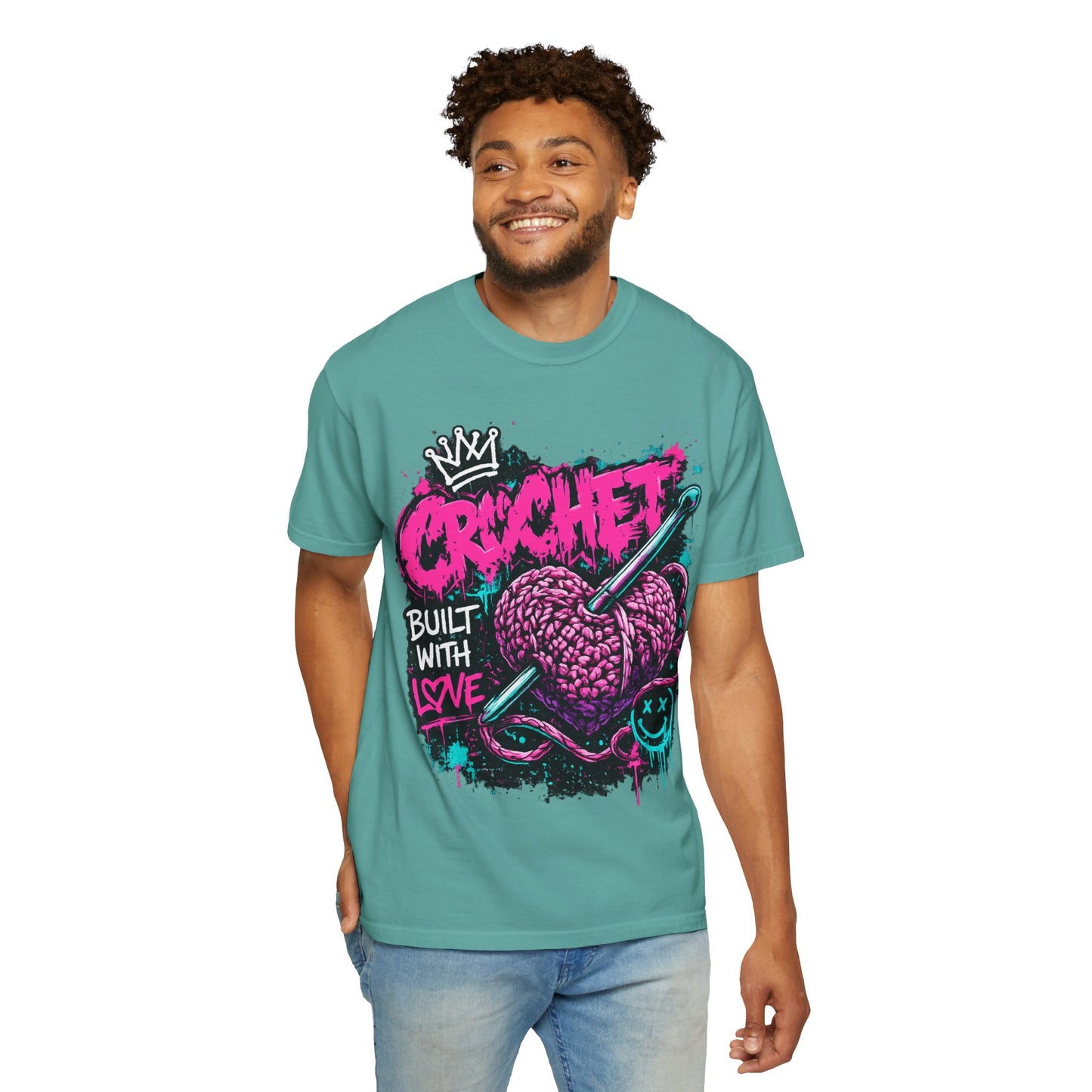 Crochet Built With Love T-Shirt — Retro Graffiti Heart Crochet Tee