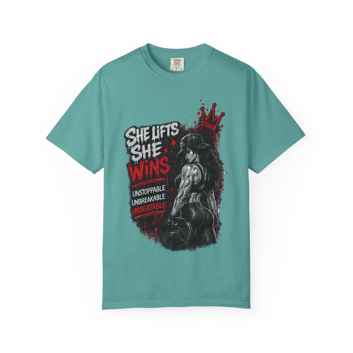 She Lifts She Wins T-Shirt — Women’s Strength Fitness Graphic Tee
