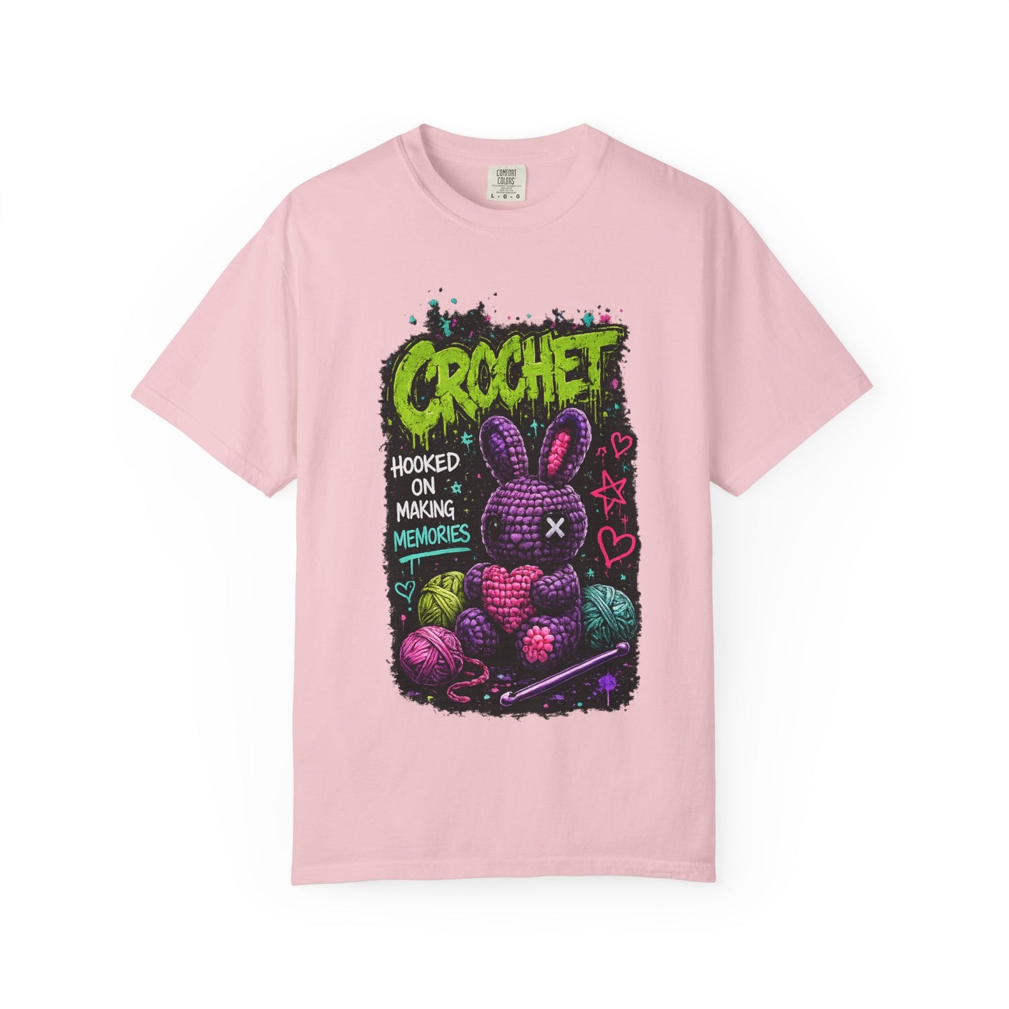 Crochet Bunny Graphic T-Shirt — “Hooked on Making Memories”