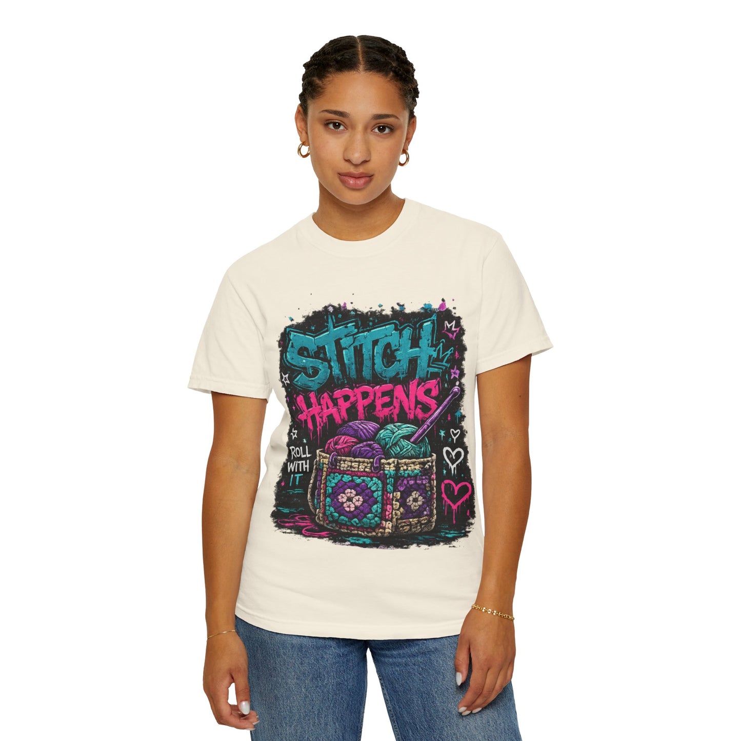 Stitch Happens T‑Shirt — Funny Knitting Crochet Tee (Roll With It)