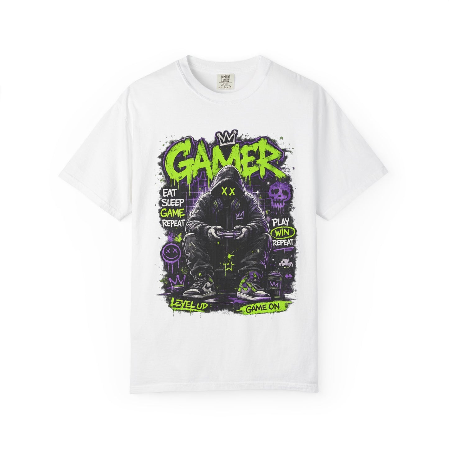 Gamer Hooded Figure Graphic T-Shirt | Neon Green Purple Streetwear