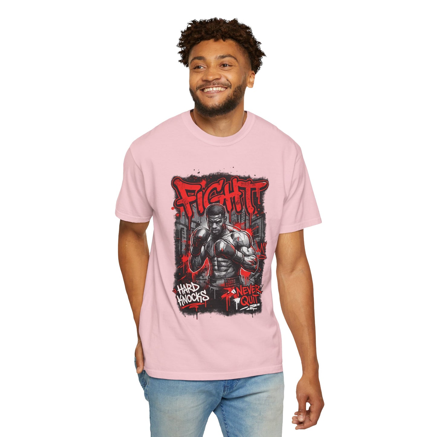 Fight Graphic T-Shirt — "Hard Knocks, Never Quit" Motivational Boxing Tee
