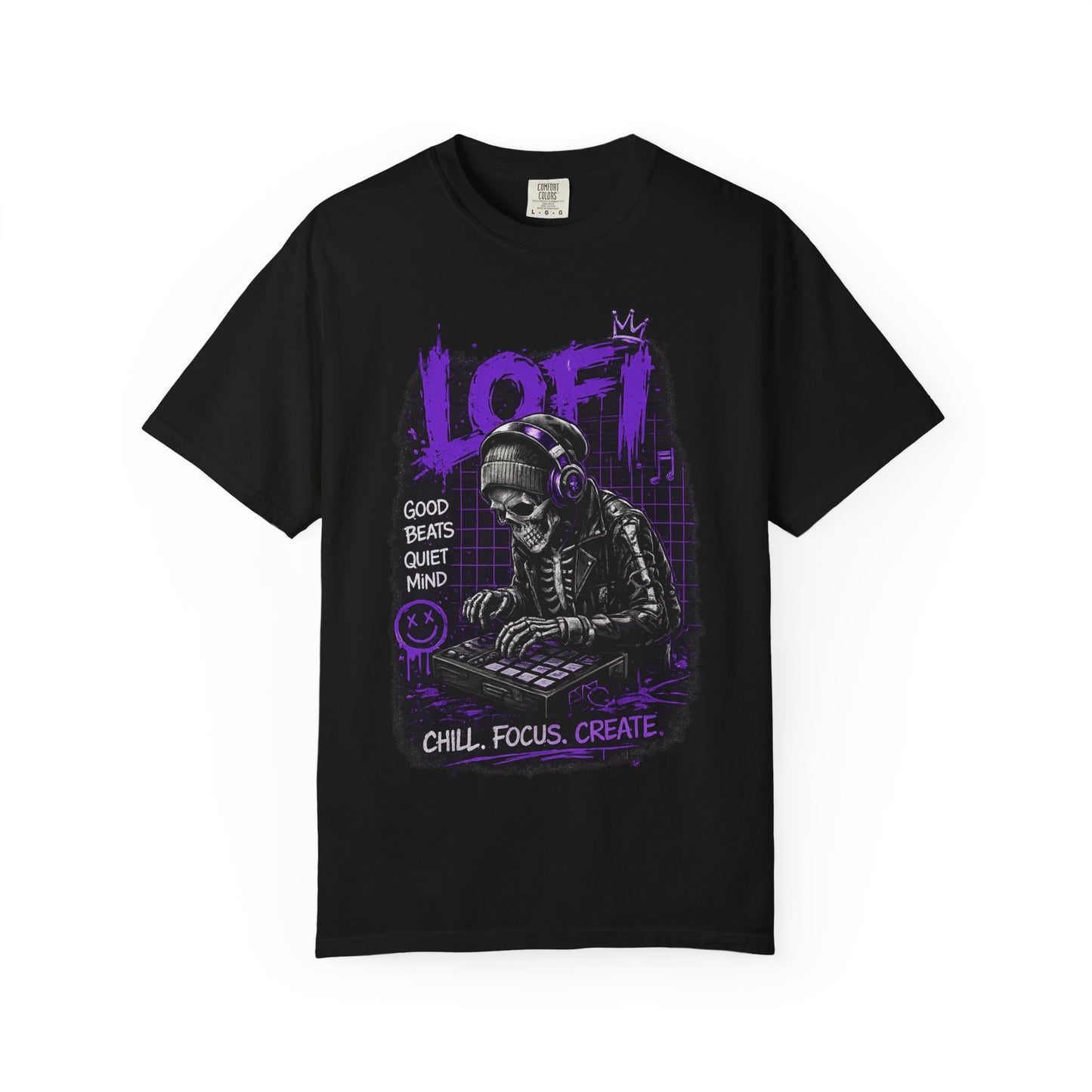 LoFi Skull DJ T-Shirt — "Chill. Focus. Create." Music Graphic Tee for Creators