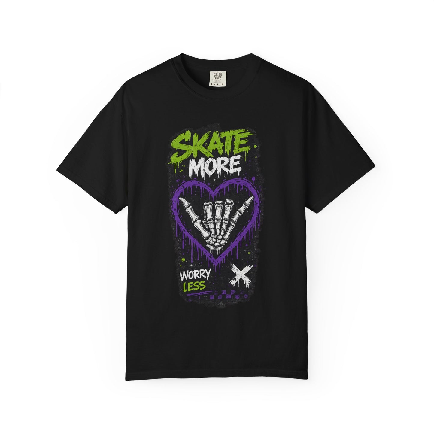Skate More Worry Less T-Shirt — Skateboard Skeleton Hand Graphic Tee