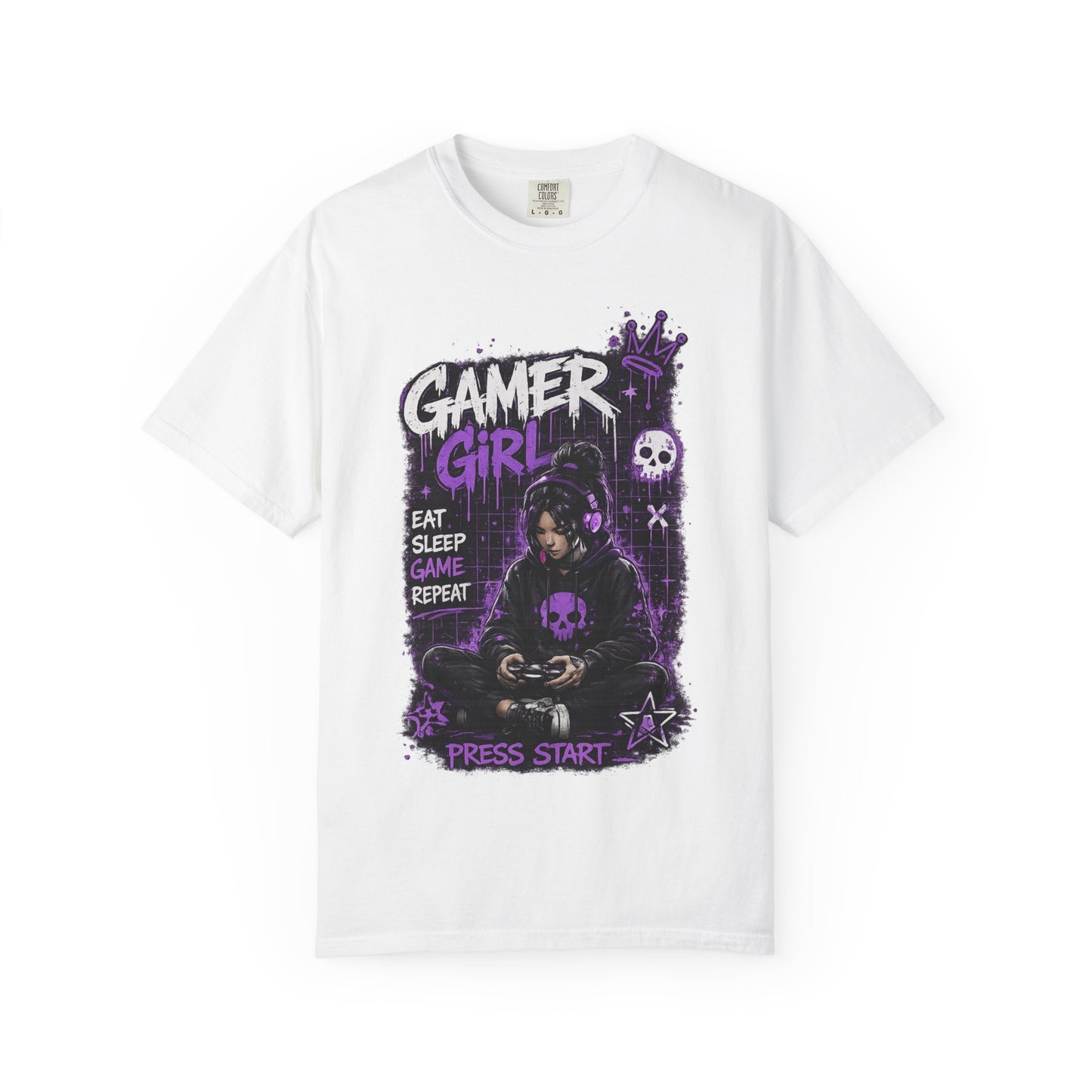 Gamer Girl T-Shirt — Retro Purple Gaming Graphic Tee ("Eat Sleep Game Repeat")