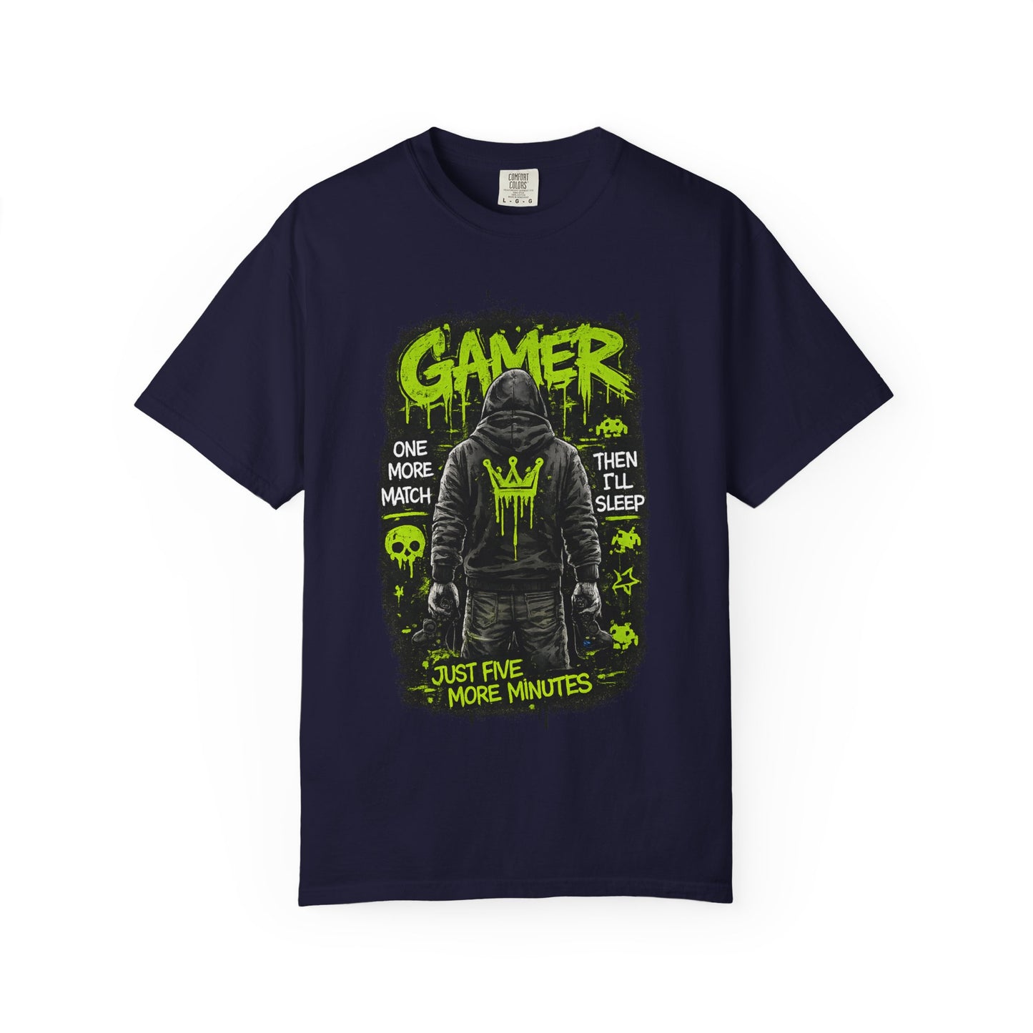 Gamer Hoodie-Style Graphic T-Shirt | Neon Green Skull, 'Just Five More Minutes'