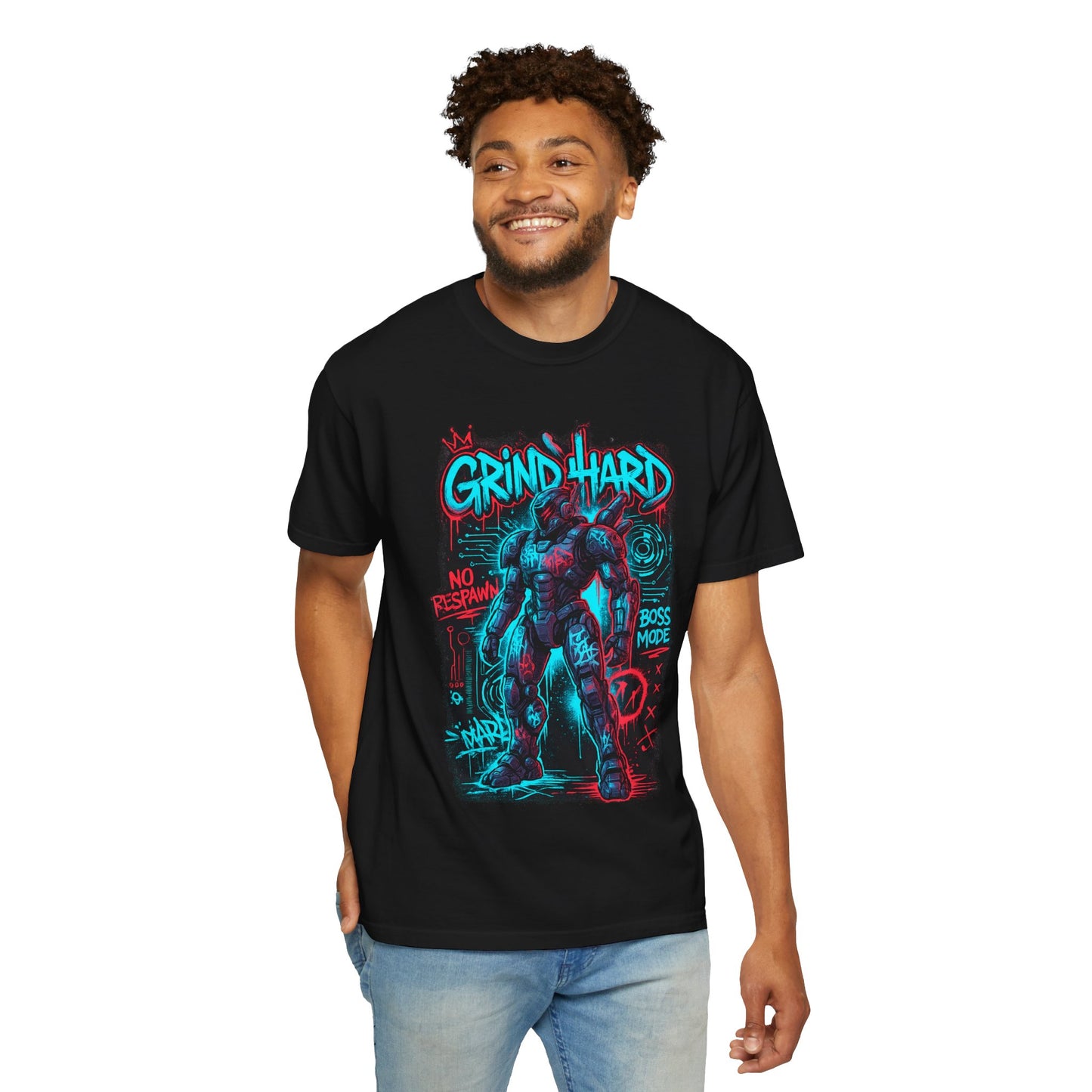 Grind Hard Gamer Warrior T-shirt | Neon Retro Gym Graphic