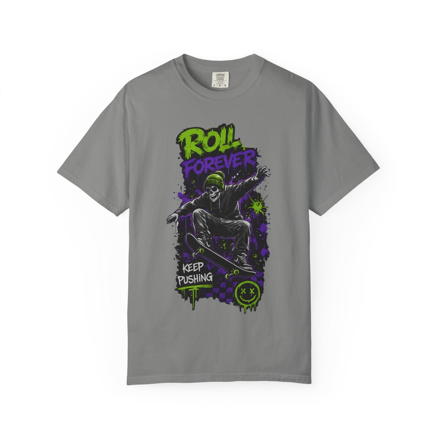 Skateboard T-Shirt — "Roll Forever / Keep Pushing" Graphic Tee