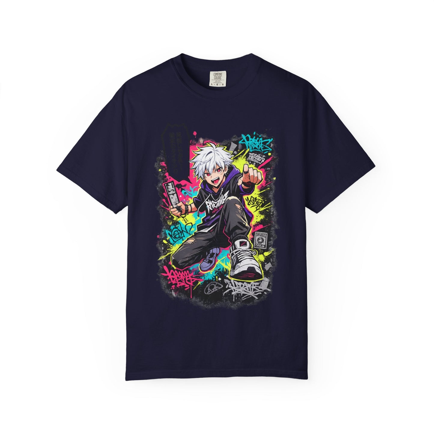 Anime Streetwear T-Shirt — Neon Urban Character Design with Japanese Text