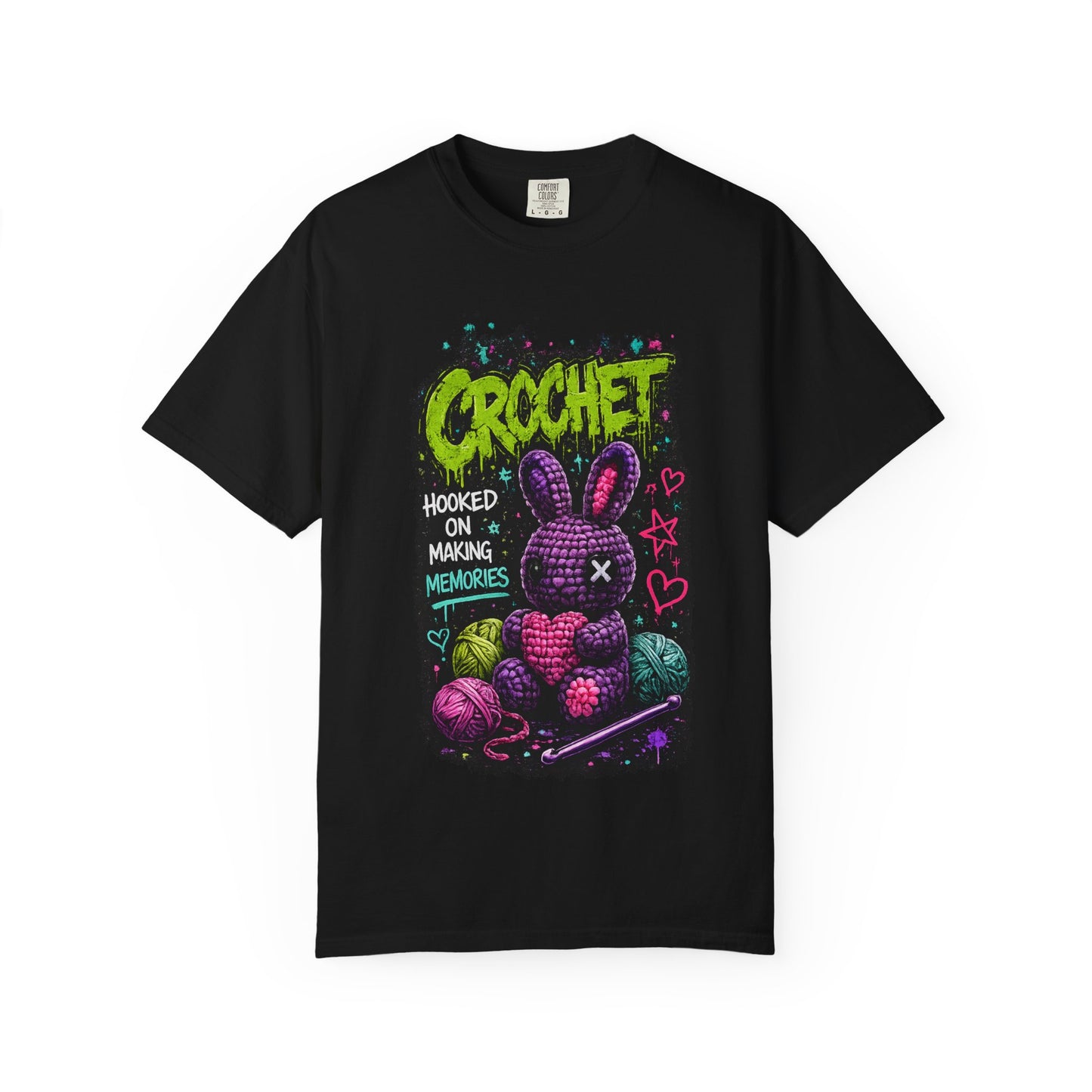 Crochet Bunny Graphic T-Shirt — “Hooked on Making Memories”