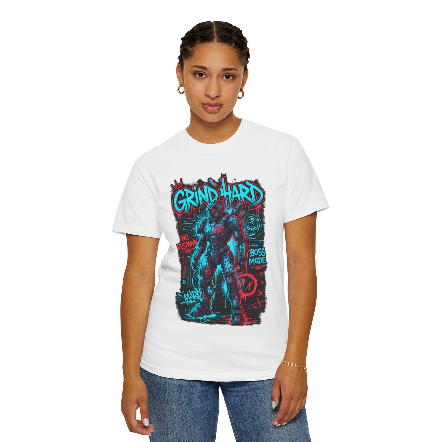 Grind Hard Gamer Warrior T-shirt | Neon Retro Gym Graphic