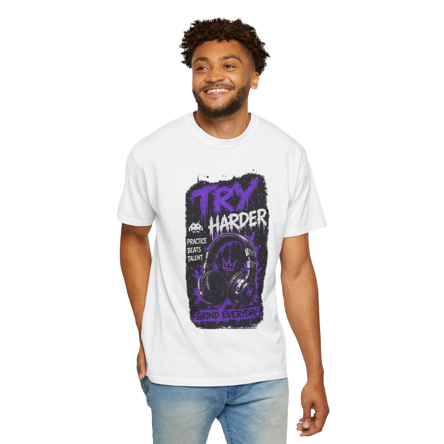 Try Harder Graphic T-Shirt — 'Try Harder' Headphones Motivational Tee