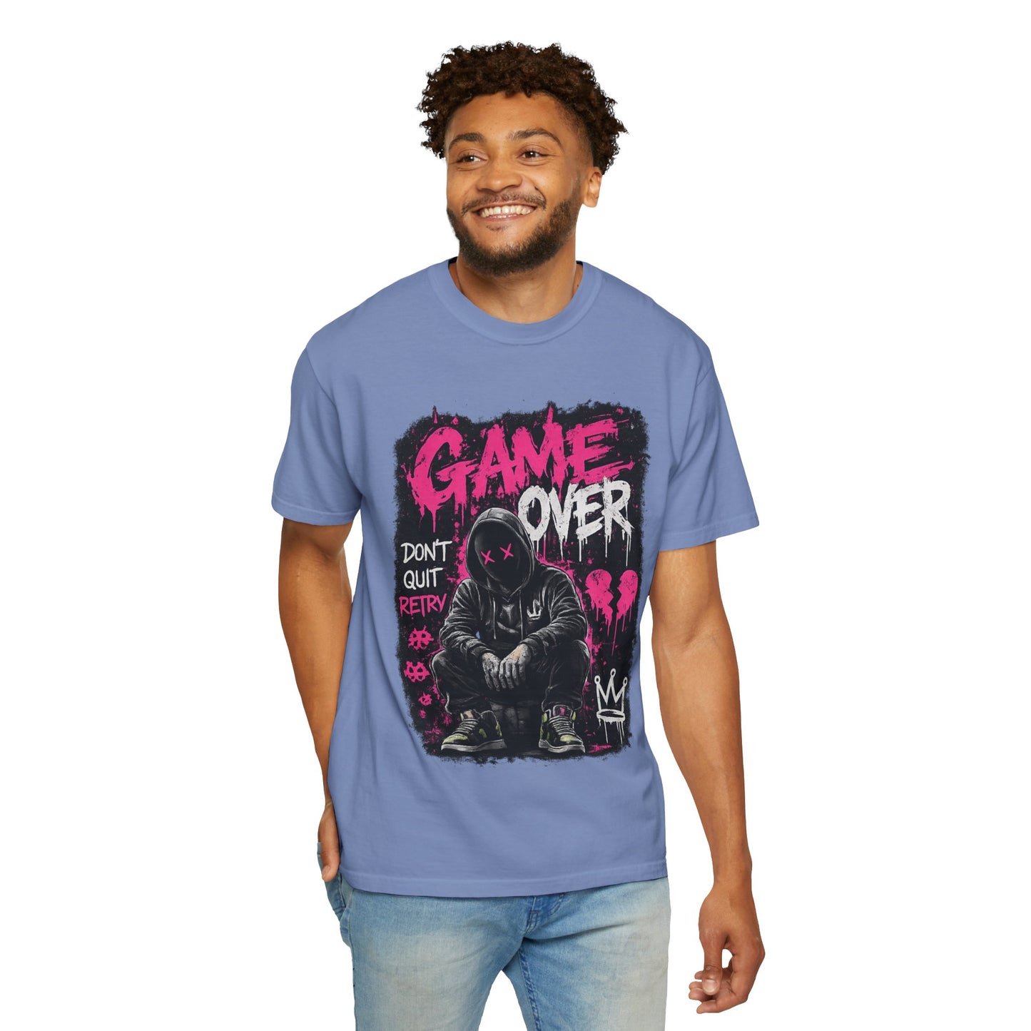 Game Over Graphic T-Shirt — Urban Streetwear Tee with Hooded Figure & 'Don't Quit, Retry' Design