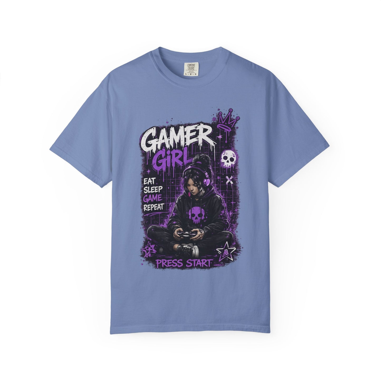 Gamer Girl T-Shirt — Retro Purple Gaming Graphic Tee ("Eat Sleep Game Repeat")