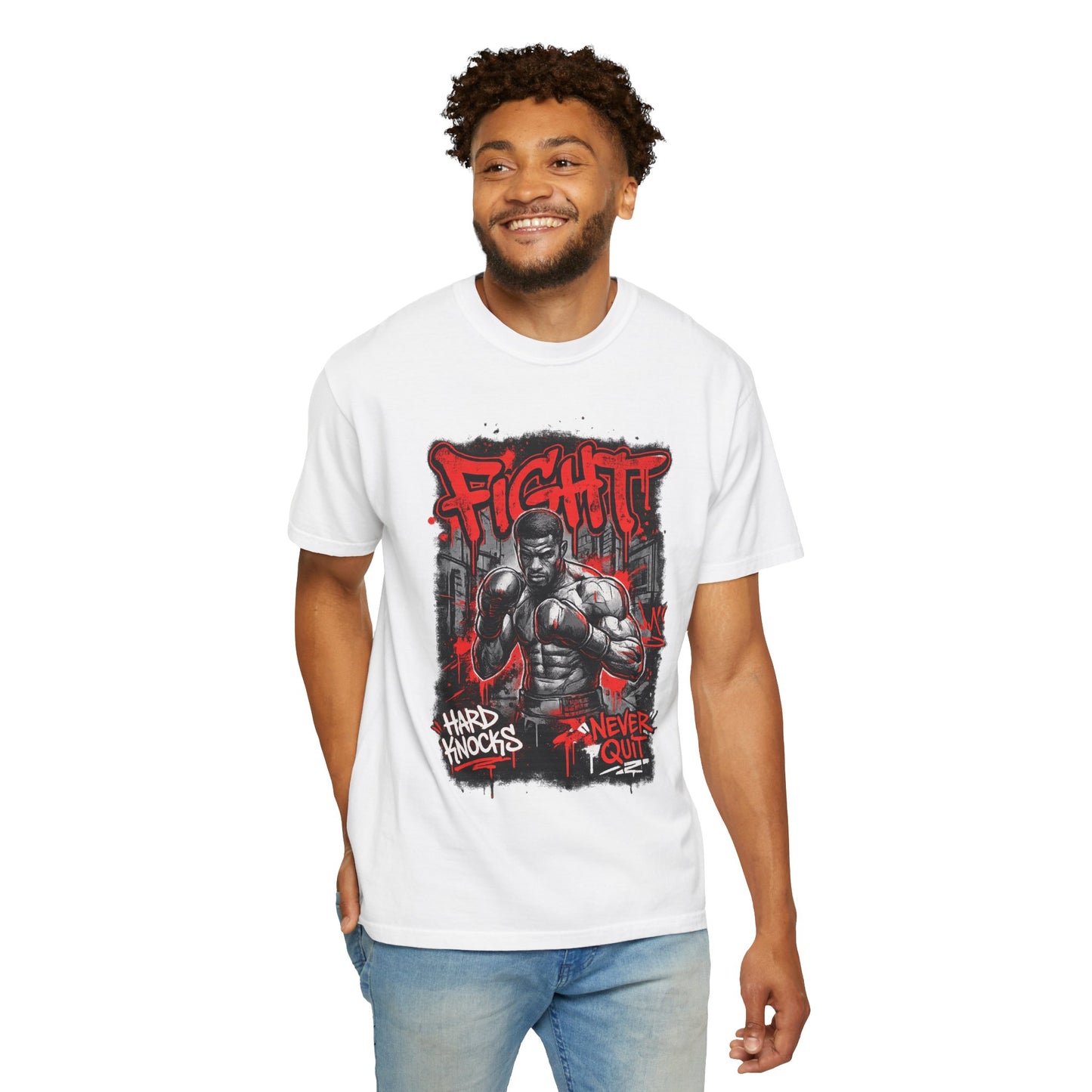 Fight Graphic T-Shirt — "Hard Knocks, Never Quit" Motivational Boxing Tee