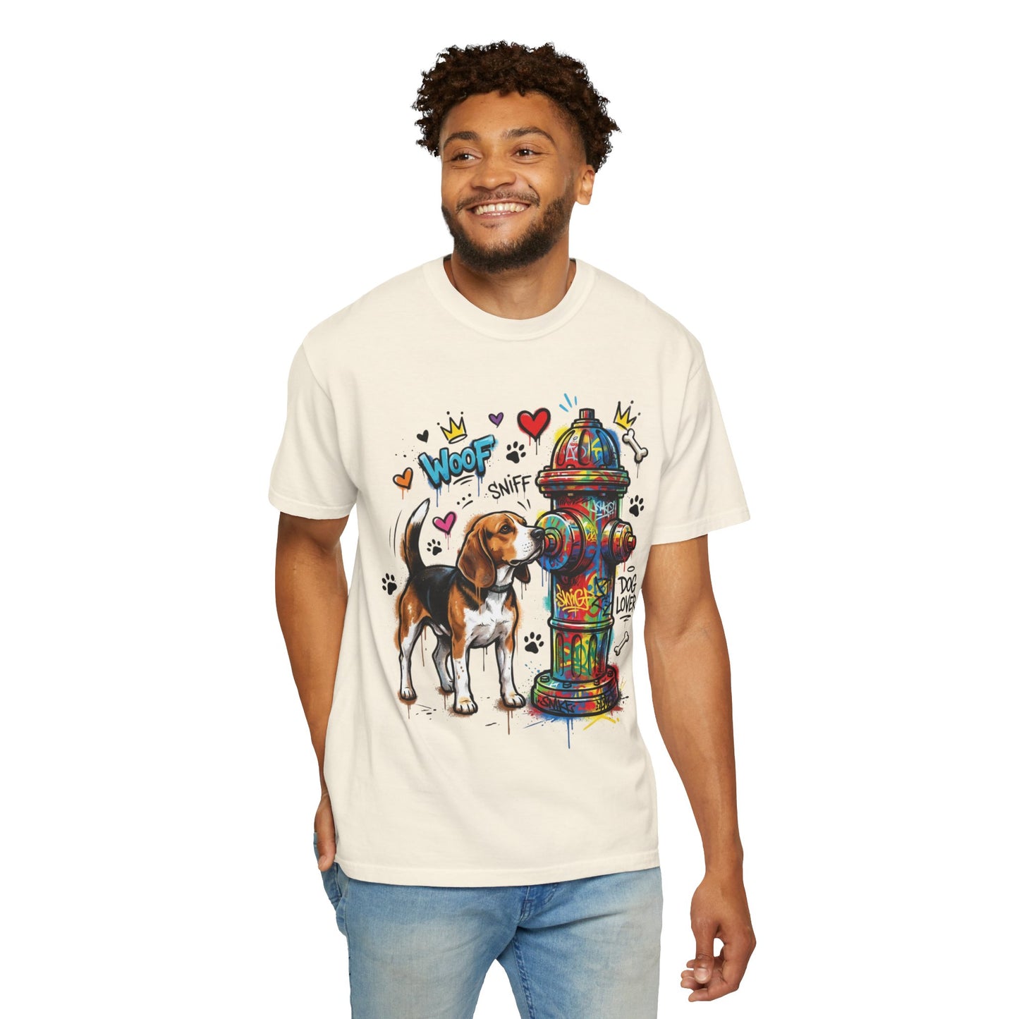 Beagle Dog Lover T-Shirt — Colorful Hydrant & 'Woof Sniff' Graphic