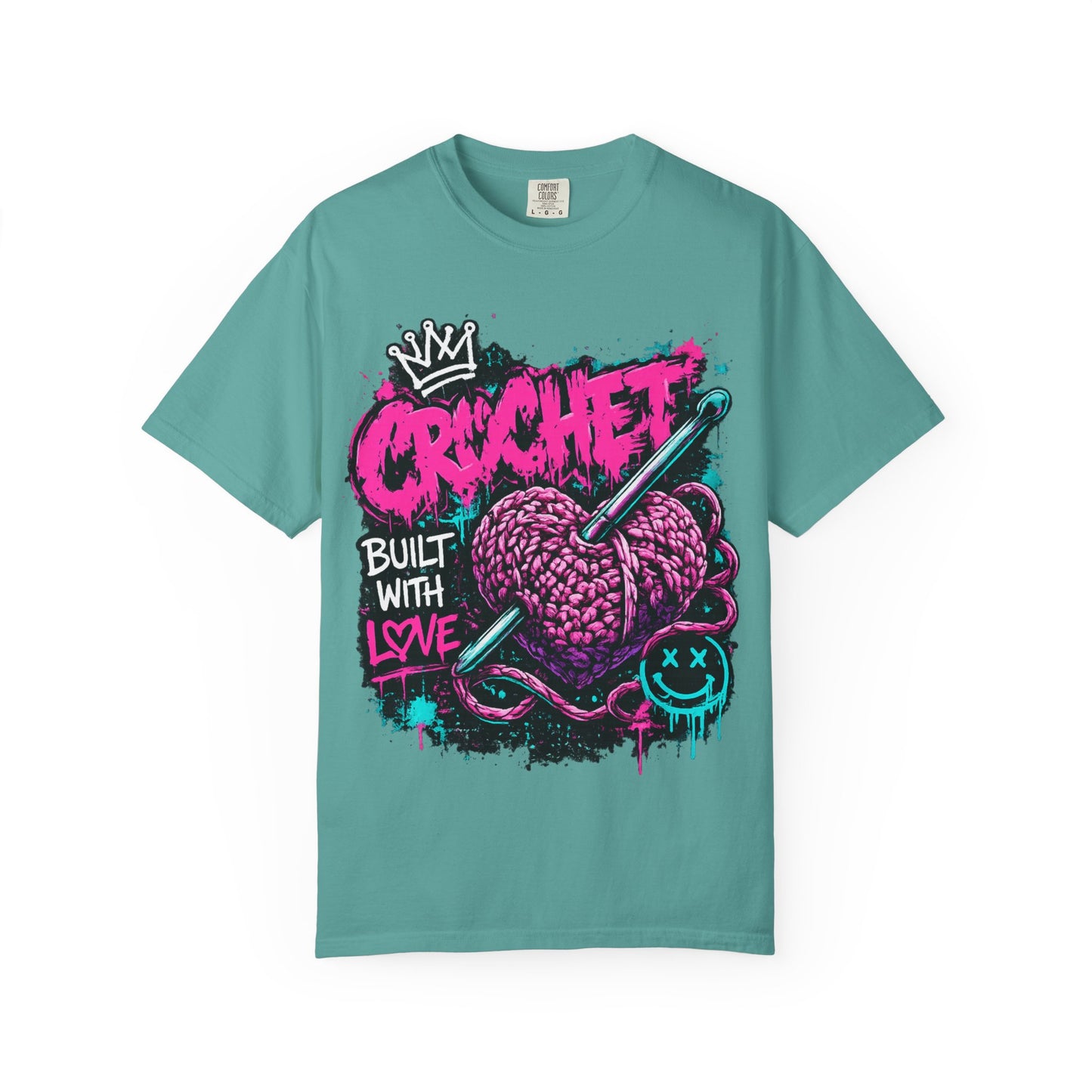 Crochet Built With Love T-Shirt — Retro Graffiti Heart Crochet Tee