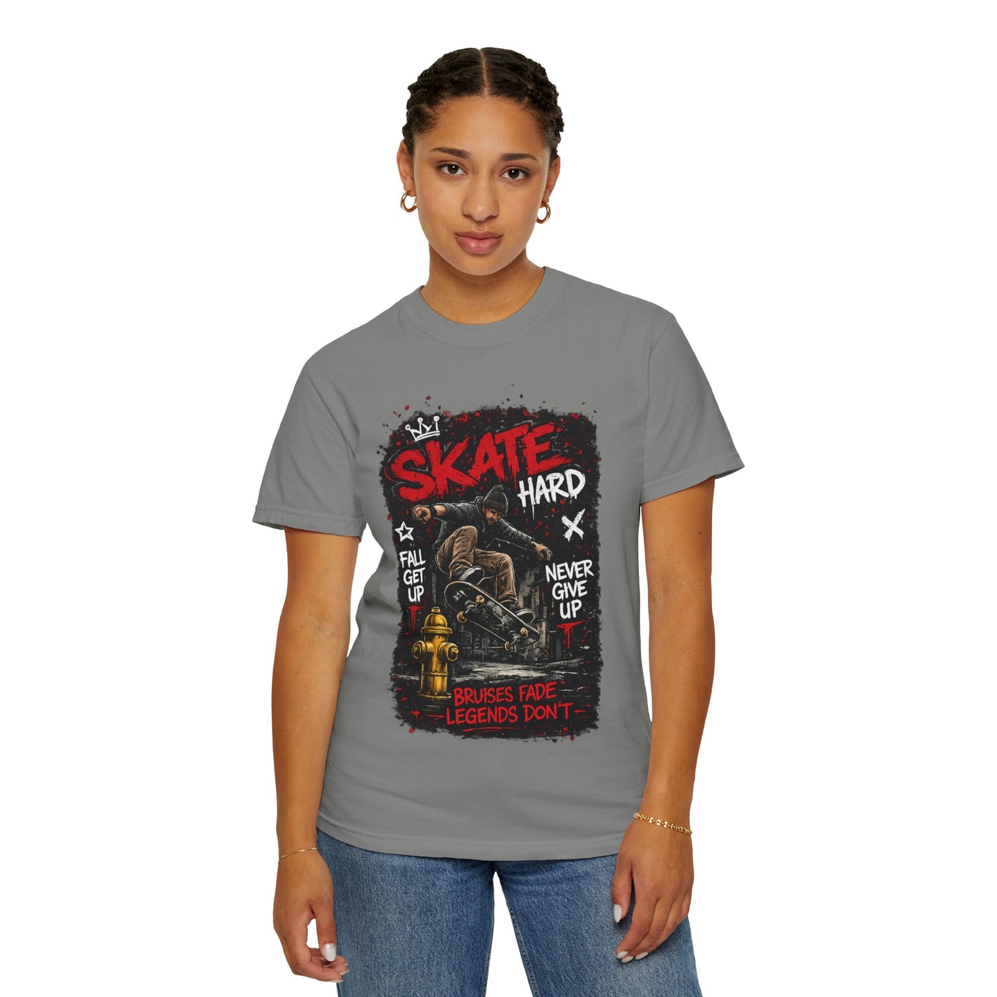 Skate Hard Graphic T-Shirt — "Skate Hard / Brushes Fade Legends Don’t" Streetwear Tee