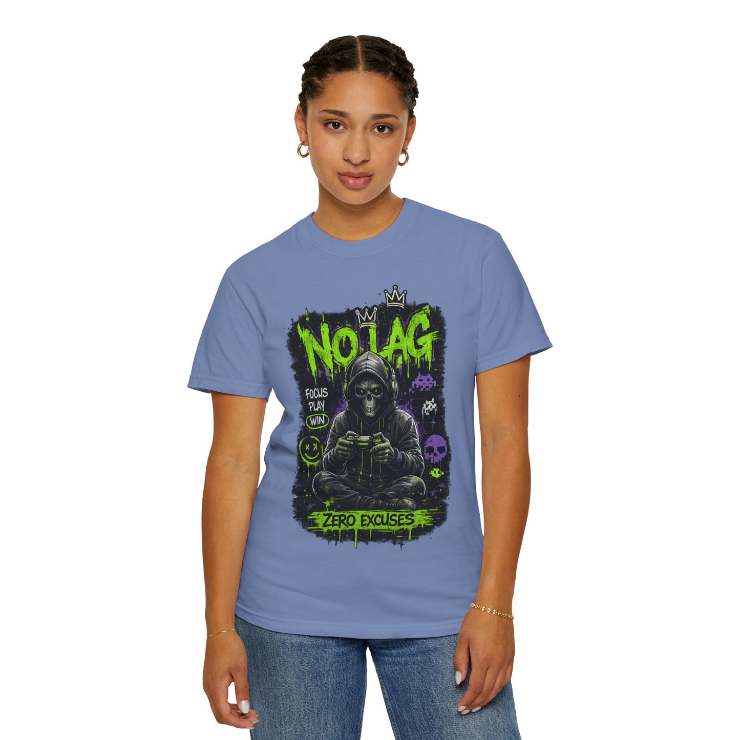 No Lag Gamer T-Shirt — “Zero Excuses” Neon Skull Gaming Tee