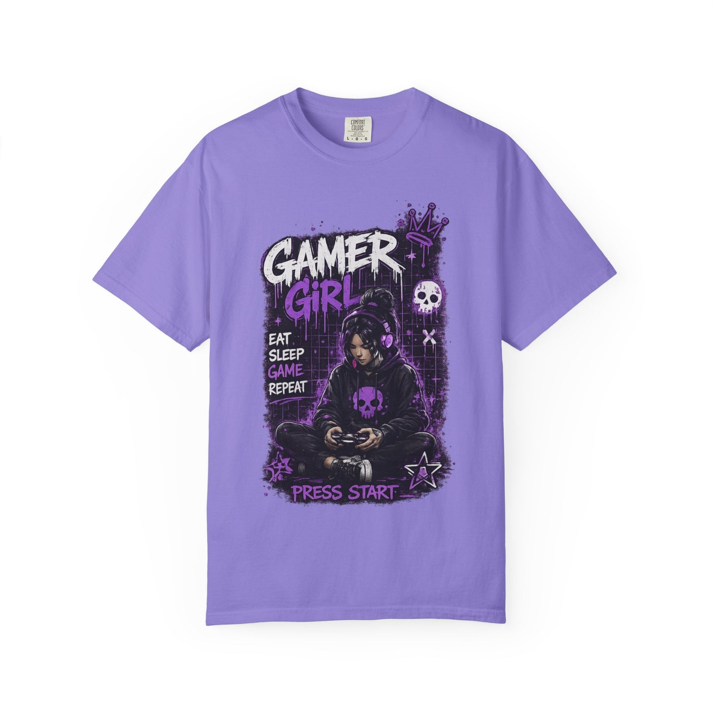 Gamer Girl T-Shirt — Retro Purple Gaming Graphic Tee ("Eat Sleep Game Repeat")