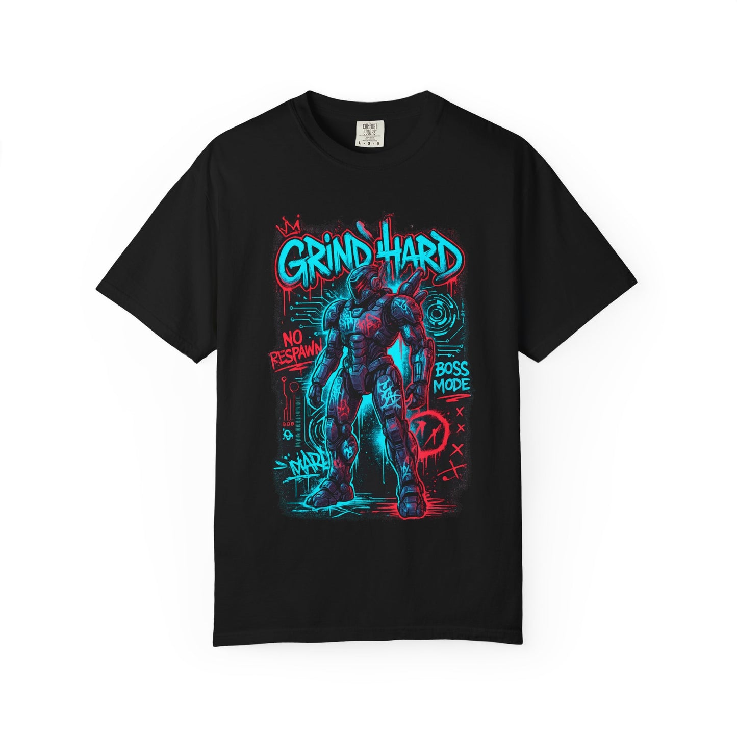 Grind Hard Gamer Warrior T-shirt | Neon Retro Gym Graphic