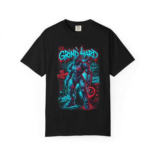 Grind Hard Gamer Warrior T-shirt | Neon Retro Gym Graphic