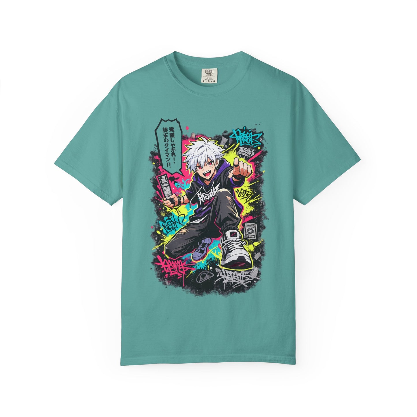 Anime Streetwear T-Shirt — Neon Urban Character Design with Japanese Text