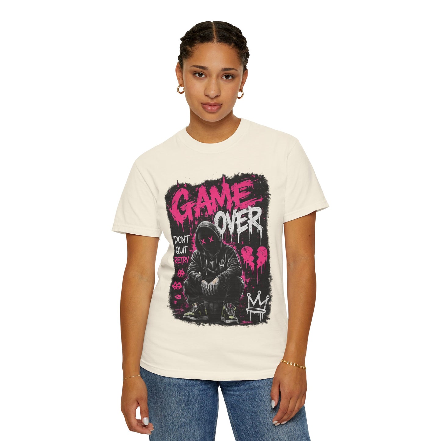 Game Over Graphic T-Shirt — Urban Streetwear Tee with Hooded Figure & 'Don't Quit, Retry' Design