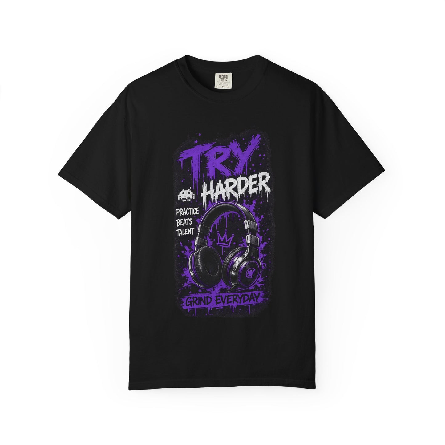 Try Harder Graphic T-Shirt — 'Try Harder' Headphones Motivational Tee